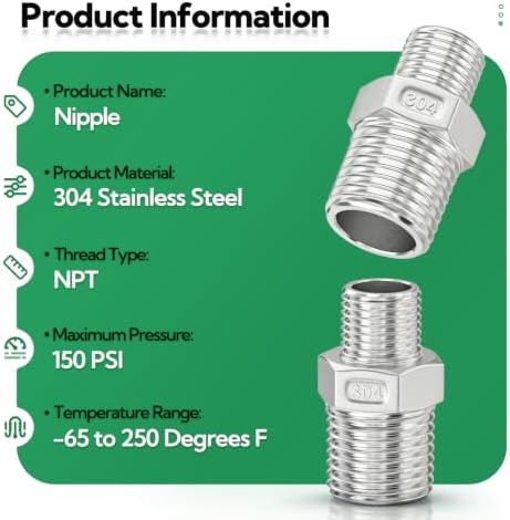 TAISHER 10PCS Cast 304 Stainless Steel Hex Nipple, Reducer Pipe Fitting 3/8-Inch Male Pipe x 1/4-Inch Male Pipe