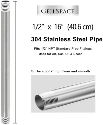 GeilSpace 1/2" x 16" 304 Stainless Steel Nipple Pipe Fitting, NPT Threaded