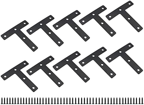 10 PCS Flat T Shape Repair Mending Plate, ULIFESTAR Heavy Duty Corner Bracket Furniture Support Brace Black Joining Bracket Fastener Connector with Mounting Screws (80x80x15mm/3.1x3.1x0.6'')