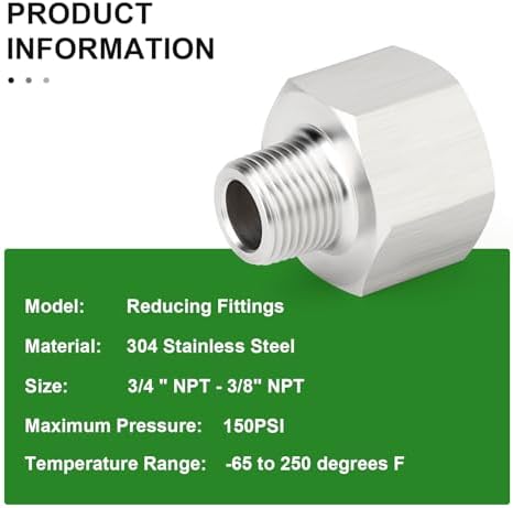 TAISHER 5PCS 304 Stainless Steel Pipe Fitting, Reducer Adapter, 3/8" NPT Male x 3/4" NPT Female