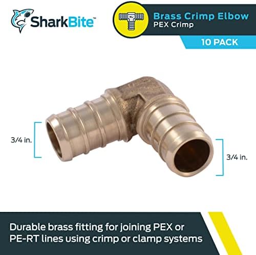 SharkBite 3/4 Inch Crimp 90 Degree Elbow, Pack of 10, Brass Plumbing Fitting, PEX Pipe, PE-RT, UC256LFA10