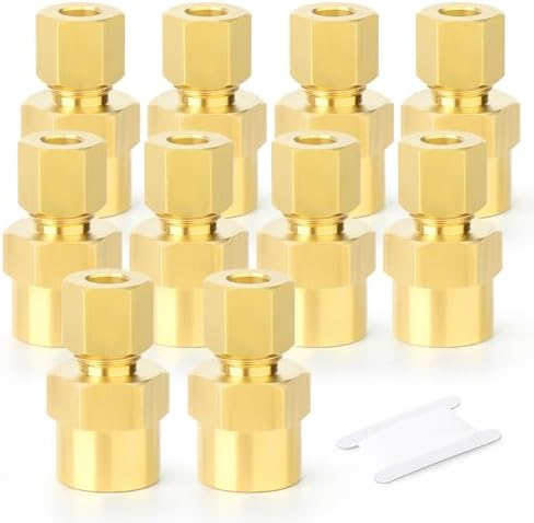 GASHER 10PCS Brass Compression Union Tube Pipe Fitting Connector, 3/8" Tube OD x 1/4" NPT Female Connector