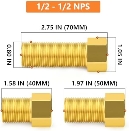GASHER 3PCS Extension Brass Pipe Fitting, 1/2" Female to 1/2" Male Pipe Hex Bushing Adapter Converter Adapter, 40mm/50mm/70mm