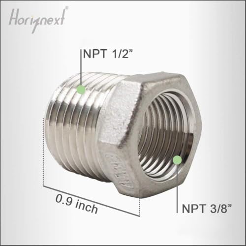 NPT 1/2" Male to 3/8" Female Hex Reducing Bushing, 304 SS, 2 Pcs