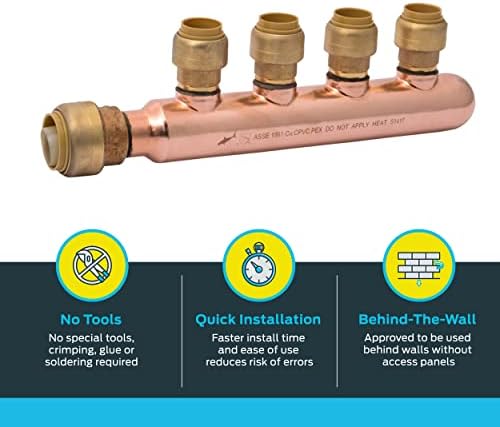SharkBite 3/4 Inch x 1/2 Inch Outlet 4 Port Closed Multi-Port Tee, Push to Connect Brass Plumbing Fittings, PEX Pipe, Copper, PVC, 25555LF