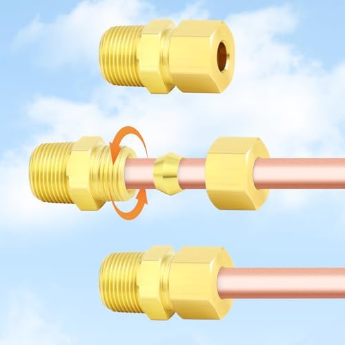 GASHER 5PCS Brass Compression Tube Pipe Fitting Connector, Straight Coupling Adapter 5/16" Tube OD x 1/2" NPT Male Connector