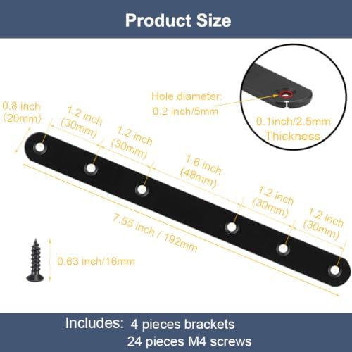 4 Pcs Black Flat Bracket 8 Inch Stainless Steel Straight Braces, Mending Plates Repair Fixing Brackets Heavy Duty Straight Repair Joining Plates with Screws