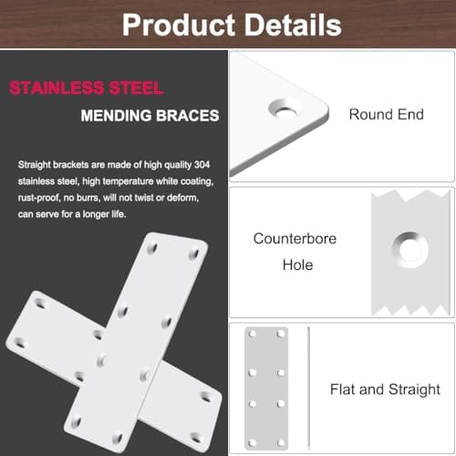 White Mending Plate 4 Pcs Stainless Steel Flat Brackets, 5.5 Inch x 2 Inch Heavy Duty Straight Brace Repair Fixing Joining Brackets for Wood Furniture Fence with Screws