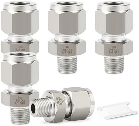 304 Stainless Steel Compression Tube Fittings, 3/8" Tube OD x 1/8" NPT Male Straight Adapter, 5PCS for Fuel/Air/Liquid/Oil/Gas/Vacuum Lines