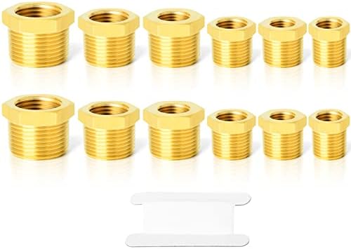 GASHER 12PCS Brass Hex Bushing Fitting Kit Hex Bushing 1/4" - 1/8", 3/8" - 1/8", 3/8" - 1/4", 1/2" - 1/4", 1/2" - 3/8", 3/4" - 1/2"