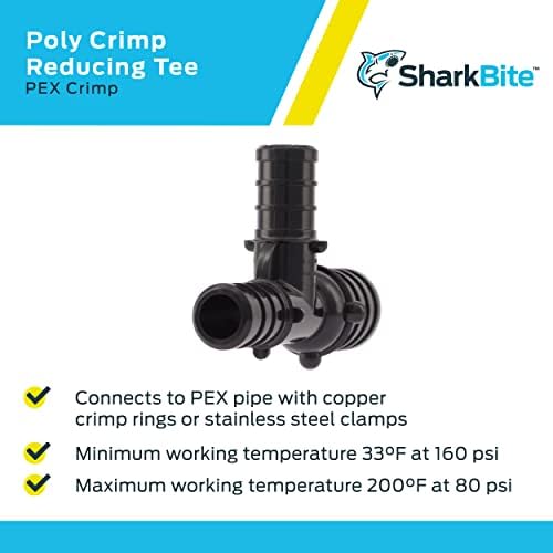 SharkBite 3/4 Inchx 1/2 Inch x 1/2 Inch Poly Crimp Reducing Tee, Pack of 25, PEX Pipe, PE-RT, UP454
