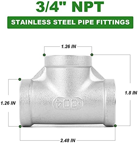 TAISHER 2PCS Stainless Steel Tee Pipe Fittings, 3/4" x 3/4" x 3/4" NPT Female Pipe Fittings