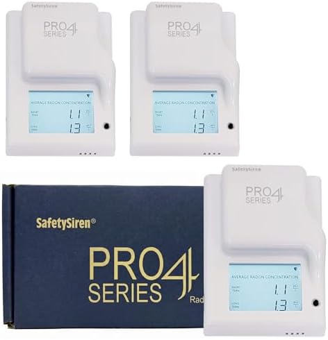 Safety Siren Pro4 Radon Gas Detector for Home, Continuous Indoor Radon Monitoring with Digital Display, LED Alerts, Long-Term Tracking and Alarm Functions - Pack of 3