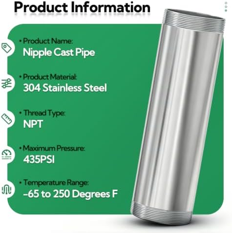 TAISHER 1Pcs 304 SS Nipple Cast Pipe Fitting, 1-1/2" NPT Male, 8" Length