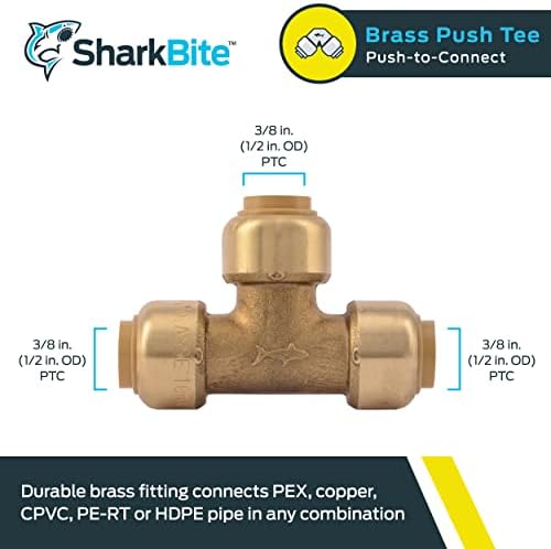 SharkBite 3/8 Inch (1/2 Inch OD) Tee, Push to Connect Brass Plumbing Fitting, PEX Pipe, Copper, CPVC, PE-RT, HDPE, U360LFA