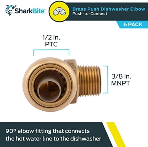 SharkBite 1/2 Inch x 3/8 Inch 90 Degree Dishwasher Elbow, MNPT, Pack of 6, Push to Connect Brass Plumbing Fitting, PEX Pipe, Copper, CPVC, PE-RT, HDPE, U281LF