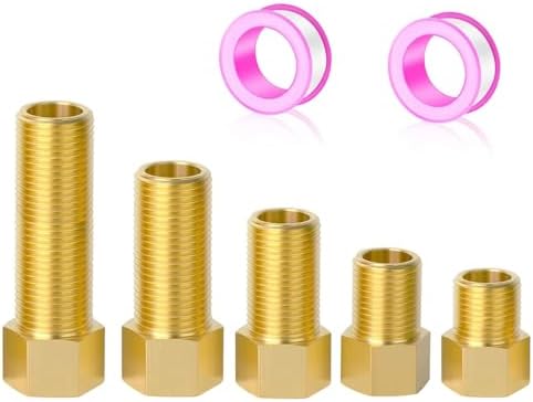 1/2" Brass Pipe Fitting, 1/2" Female to 1/2" Male Pipe Extension Fittings Connector for Tub Spout/Shower, Hex Bushing Converter Adapter, Length 30MM/40MM/50MM/70MM/100MM (5pcs) with Teflon Tape (2pcs)