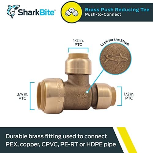 SharkBite 3/4 Inch x 1/2 Inch x 1/2 Inch Reducing Slip Tee, Push To Connect Brass Plumbing Fitting, PEX Pipe, Copper, CPVC, PE-RT, HDPE, U454LFA