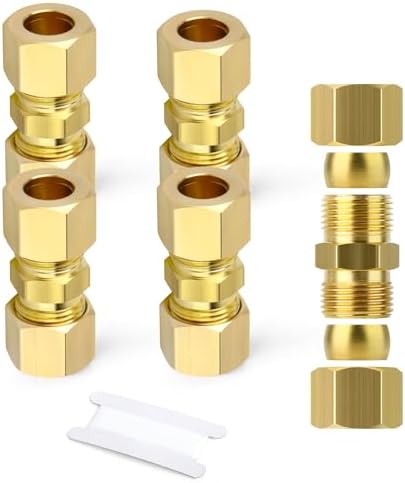 GASHER 5PCS Brass Compression Tube Pipe Fitting Connector, 5/8" Tube OD x 5/8" Tube OD Connector