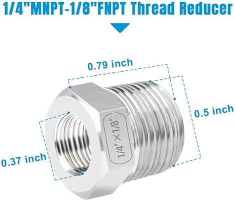 Quickun Stainless Steel Reducing Hex Bushing, 1/4" Male NPT to 1/8" Female NPT, Reducer Bushing Pipe Hose Fitting （Pack of 2）