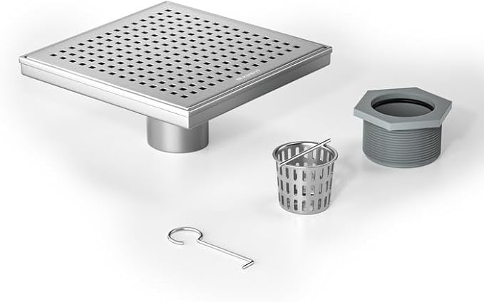 Square Shower Drain 8", 304 Stainless Steel Floor Drain with Grid Drain Cover & Hair Strainer, Retrofit Shower Drain w/CUPC Certified, Brushed