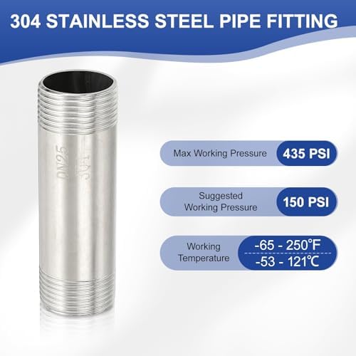 PATIKIL 304 Stainless Steel Pipe Fitting, 2 Pack 1" BSP Male x 1" BSP Male Threaded 4" Length Nipple Cast Pipe for Extending Piping, Silver