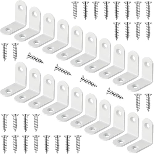 20 Pcs White L Bracket 1 Inch Stainless Steel Corner Braces, 25x25MM 90 Degree Right Angle Joint Brackets for DIY Wood, Furniture, Frame, with Screws