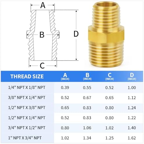 ChillWaves Brass Pipe Fitting，Reducer Hex Nipple 1/4" NPT Male x 1/8" NPT Male Thread Adapter(6-PACK)