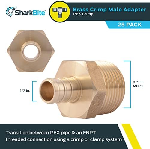 SharkBite 1/2 x 3/4 Inch Crimp MNPT Male Adapter, Pack of 25, Brass Plumbing Fitting, PEX Pipe, Copper, UC116LF