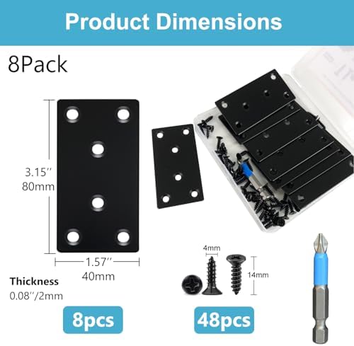 QSJ 8 Pack Black Flat Mending Plate 3.15x1.57'', Stainless Steel Bracket, Straight Metal Brace Bracket, Fixing Joining Plate for Wood Furniture Fastening & Fixing