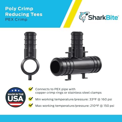 SharkBite 3/4 x 3/4 x 1/2 Inch Poly Crimp Reducing Tee, Pack of 5, PEX Pipe, PE-RT, UP412A5