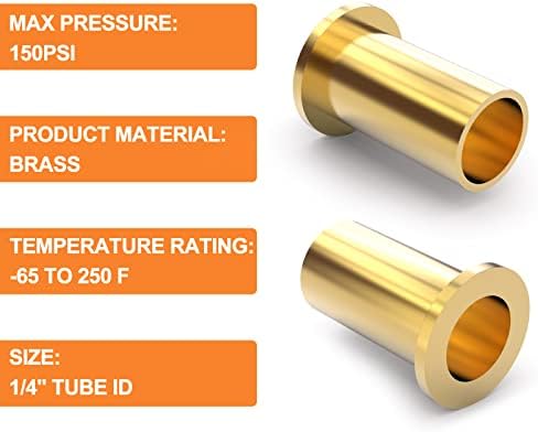 GASHER 200PCS Brass Compression Fitting, Brass Compression Insert Tube Support 1/4" Tube OD