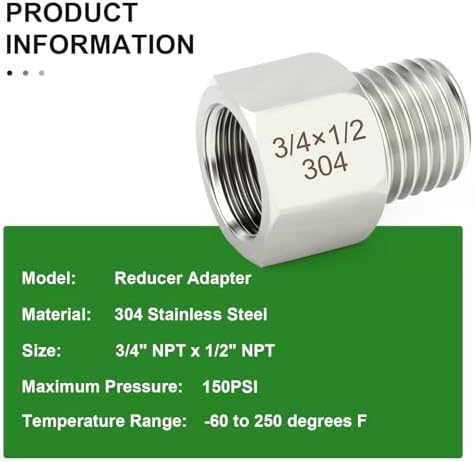 TAISHER 5PCS 304 Stainless Steel Pipe Fitting, New Reducer Adapter, 1/2" NPT Male x 3/4" NPT Female, Reducing Pipe Adapter Fitting