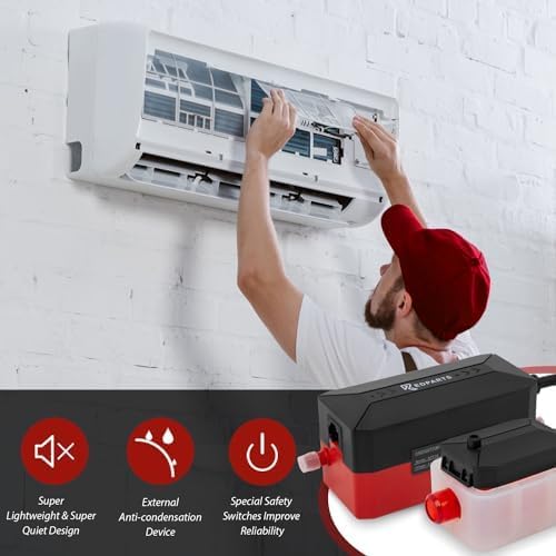 Mini split condensate pump with a maximum flow rate of 9.6 GPH with automatic safety switch for easy pumping and removal of air conditioner and furnace dehumidifier HVAC Max Lift 33FT