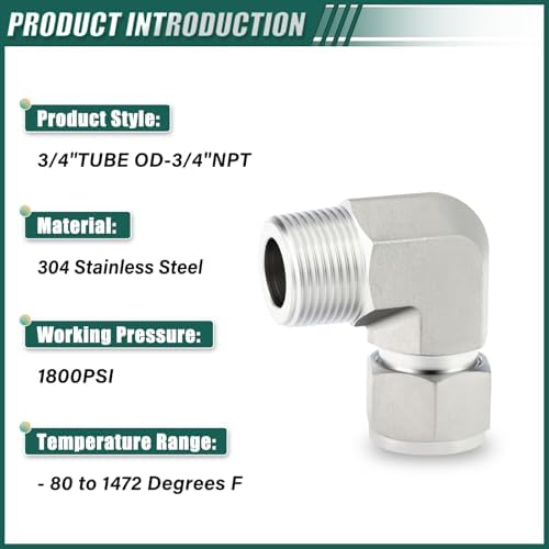 1PCS 316 Forging of Stainless Steel 90 Degree, Compression Tube Pipe Fitting Connector, 3/4" Tube OD x 3/4" NPT Male Adapter cast Sleeve for fuel/air/liquid/oil/gas/vacuum pipelines