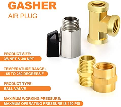 GASHER 8PCS 3/8 Inch NPT Brass Pipe Fitting, Ball Valve, Barstock Tee Brass Pipe Fitting, Hex Nipple, Hex Coupling and Air Hose Fitings