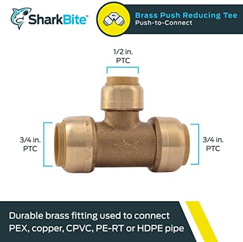 SharkBite 3/4 Inch x 3/4 Inch x 1/2 Inch Reducing Tee, Push To Connect Brass Plumbing Fitting, PEX Pipe, Copper, CPVC, PE-RT, HDPE, U412LFA