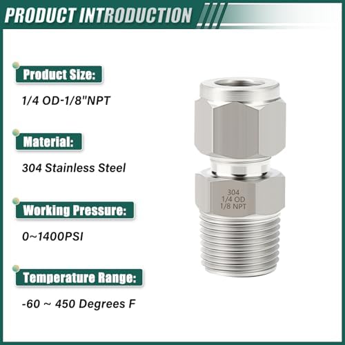 5PCS 304 Forging of Stainless Steel Compression Tube Pipe Fitting Connector, 1/4" Tube OD x 1/8" NPT Male Straight Adapter for fuel/air/liquid/oil/gas/vacuum pipelines