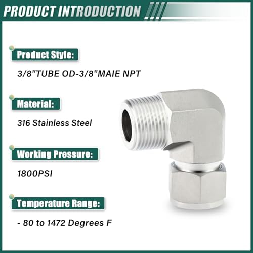 316 Stainless Steel 90 Degree Compression Tube Pipe Fitting Connector, 3/8" Tube OD x 3/8" NPT Male Adapter for fuel/air/liquid/oil/gas/vacuum pipelines