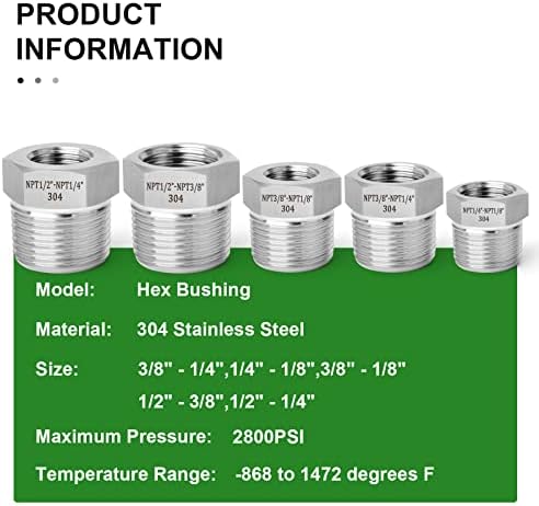 TAISHER 10PCS Forging of 304 Stainless Steel Reducer Hex Bushing Pipe Fittings Kit, 3/8" - 1/4",1/4" - 1/8",3/8" - 1/8",1/2" - 3/8",1/2" - 1/4"