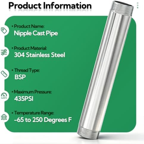 TAISHER 2Pcs 304 SS Nipple Cast Pipe Fitting, 1" BSP Male, 8" Length