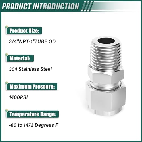 1PCS 304 Forging of Stainless Steel Compression Tube Pipe Fitting Connector, 1" Tube OD x 3/4" NPT Male Straight Adapter for fuel/air/liquid/oil/gas/vacuum pipelines