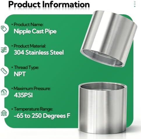 TAISHER 2Pcs 304 SS Nipple Cast Pipe Fitting,2" NPT Female, 2" Length