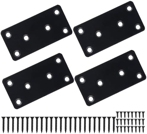 4 Pcs Flat Mending Plate, 1.5''x3.1'' Black Stainless Steel Metal Flat Straight Brace Bracket, Fixing Brace Joining Plates for Furniture, Wood, Shelves, Cabinet with 2 Different Lengths of Screws
