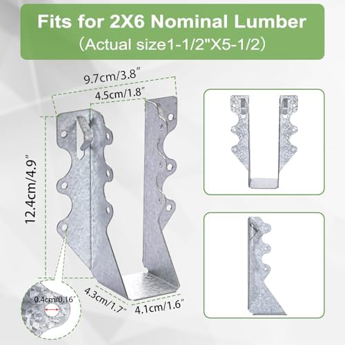 10 PCS 2x6 Steel Joist Hangers, 20 Gauge Galvanized Brackets for Wood