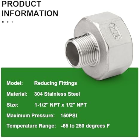TAISHER 2PCS 304 Stainless Steel Pipe Fitting, Reducer Adapter, 1/2" NPT Male x 1-1/2" NPT Female