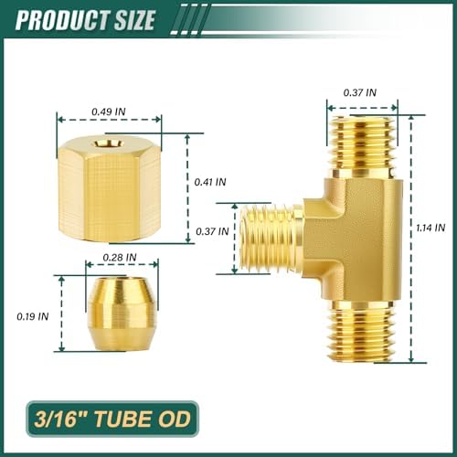 5PCS Brass Tee Compression Tube Fitting, 3/16" OD