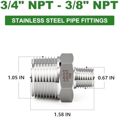 TAISHER 2PCS Forging of 304 Stainless Steel Reducer Hex Nipple, 3/4" NPT Male x 3/8" NPT Male Pipe Fitting