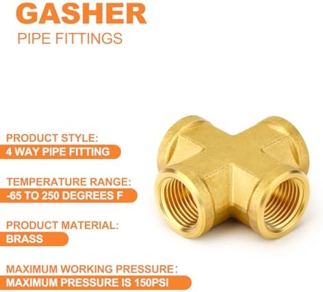 GASHER 2PCS Brass Pipe Fitting, Cross 4 Way Pipe Fitting, 3/8" x 3/8" x 3/8" x 3/8" NPT Female Pipe