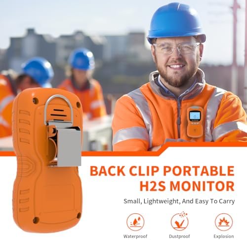 H2S Monitor, Clip Single Gas H2S Monitor, 0~100ppm High-PrecisionH2S Gas Detector, Adjustable Alarm Range, 3 Alarm Modes, Explosion-Proof Safety, for Various Working environments (Orange)